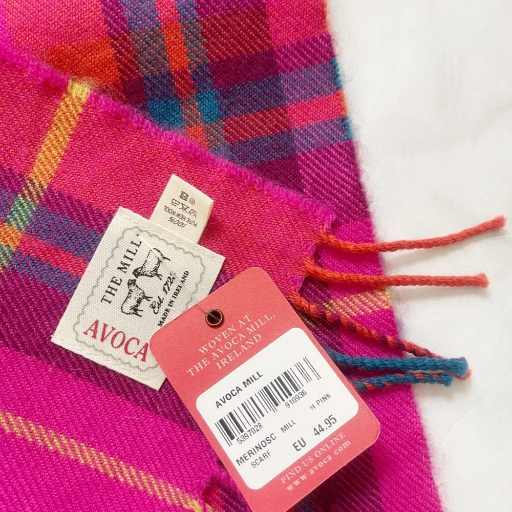 Hot Pink Check Woven Merino Scarf from Avoca The Mill Ireland